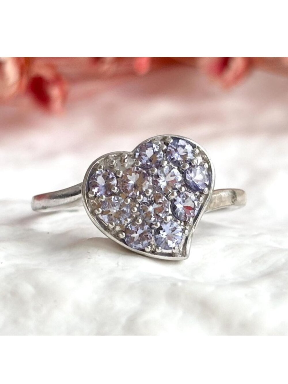 Pave Ultra Light Amethyst Gemstone Heart Shaped 925 Vintage Ring - sz 8